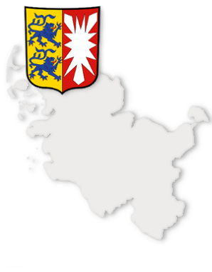 Logo mit Landeswappen und Kartenumriss von Schleswig-Holstein